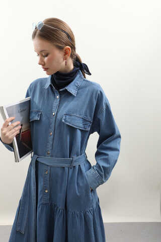 Yarım Düğmeli Kot Elbise Koyu Mavi - 7