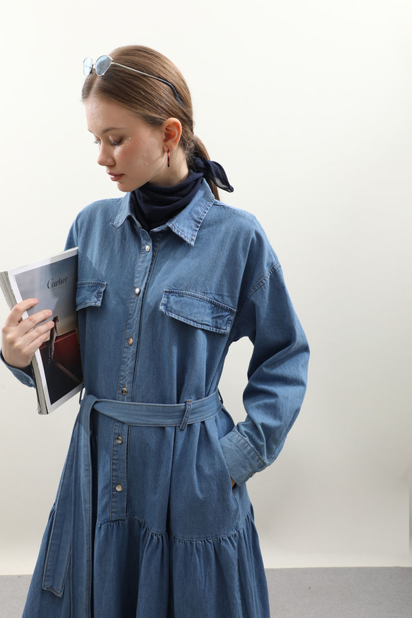 Yarım Düğmeli Kot Elbise Koyu Mavi - 7