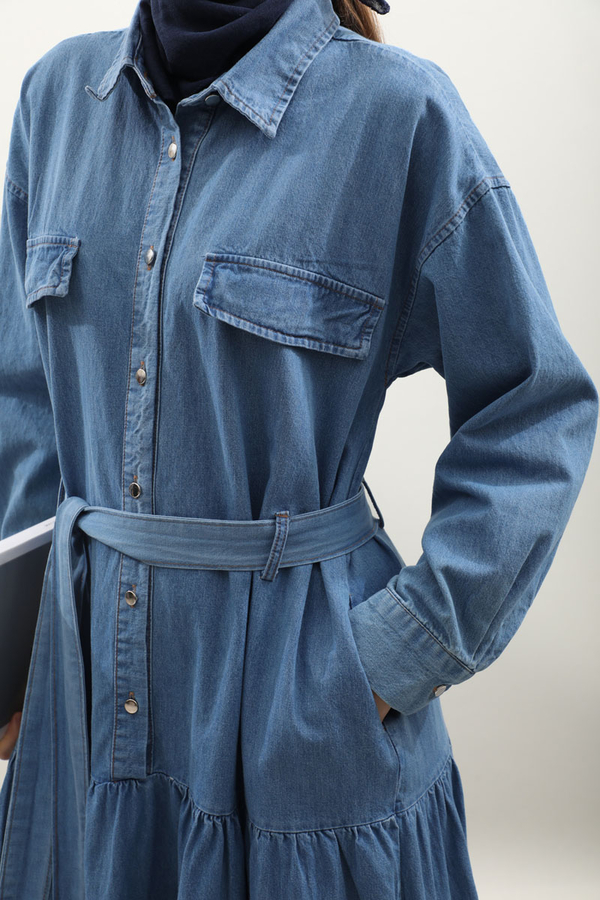 Yarım Düğmeli Kot Elbise Koyu Mavi - 8