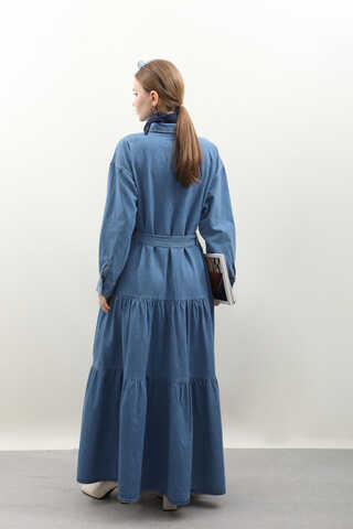 Yarım Düğmeli Kot Elbise Koyu Mavi - 9