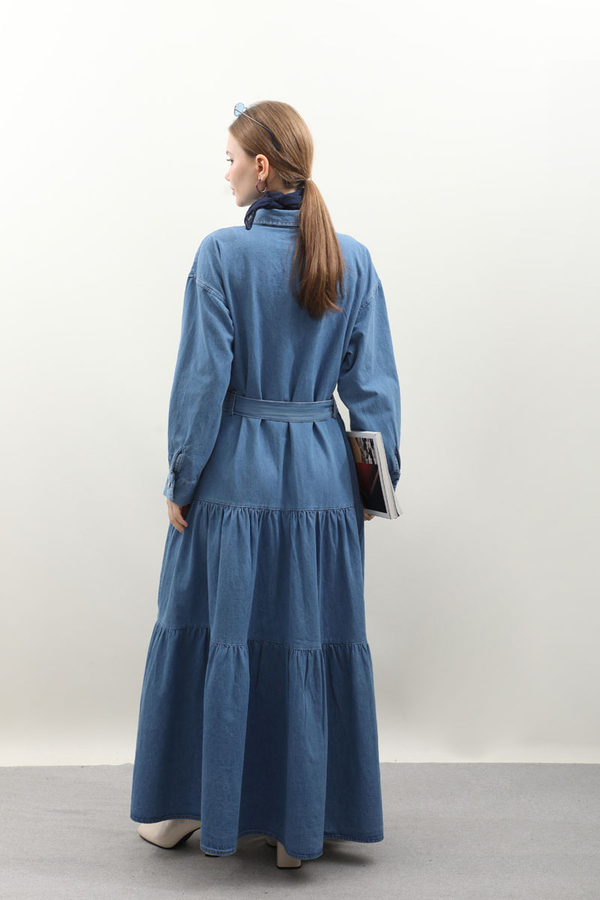 Yarım Düğmeli Kot Elbise Koyu Mavi - 9