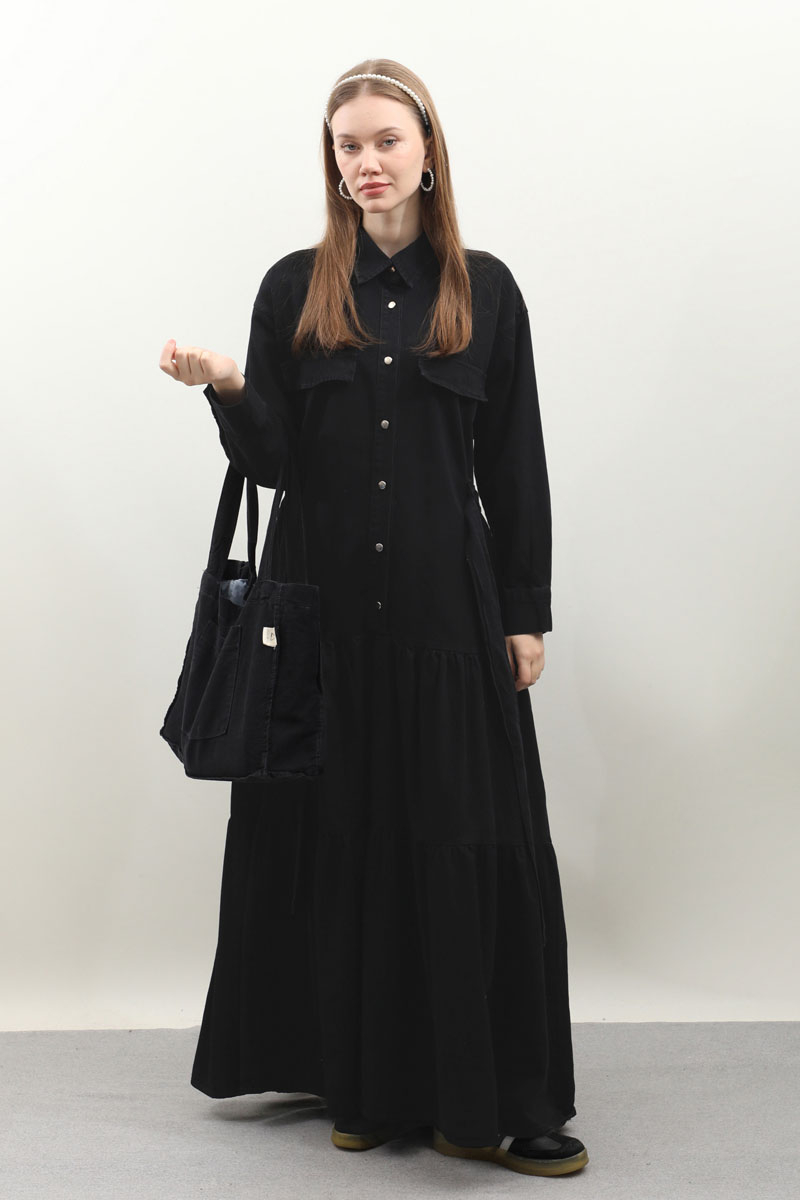 Yarım Düğmeli Kot Elbise Siyah