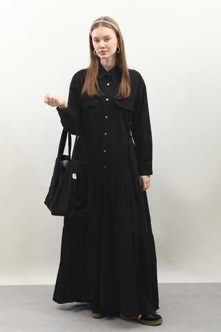 Yarım Düğmeli Kot Elbise Siyah - 1