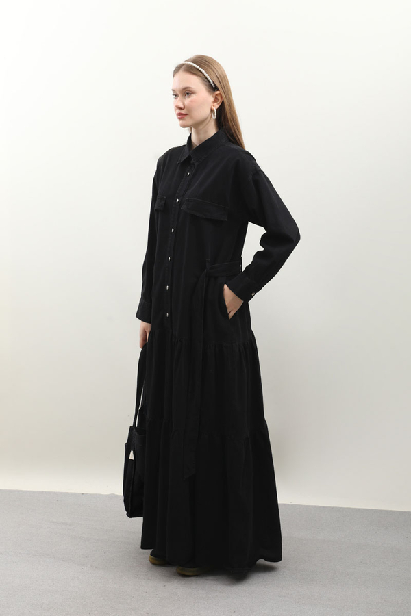 Yarım Düğmeli Kot Elbise Siyah - 3