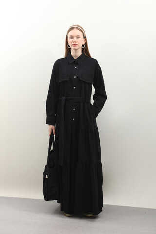 Yarım Düğmeli Kot Elbise Siyah - 4