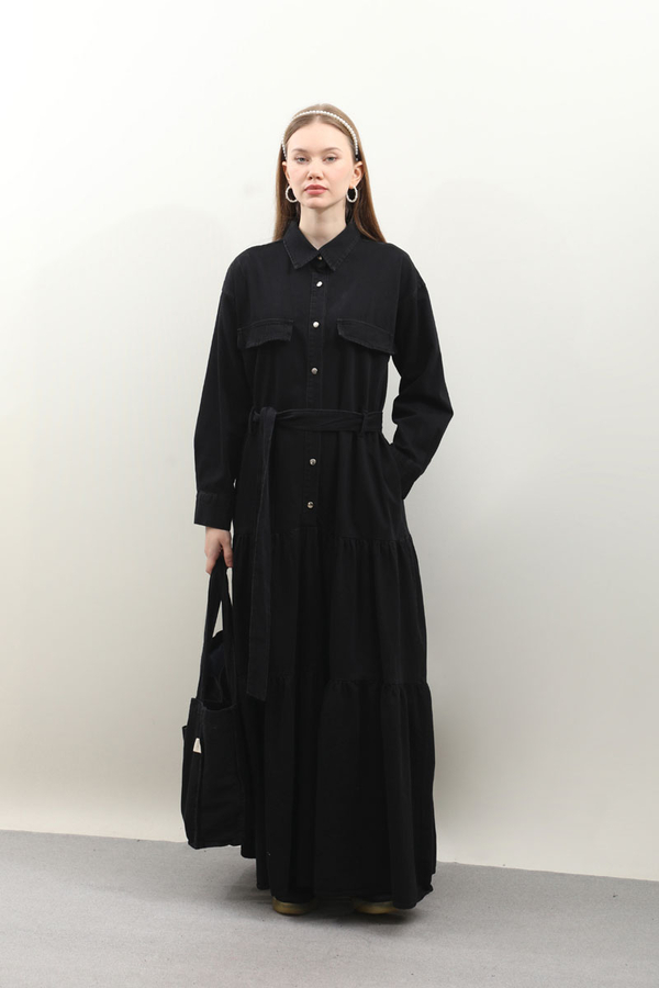 Yarım Düğmeli Kot Elbise Siyah - 4