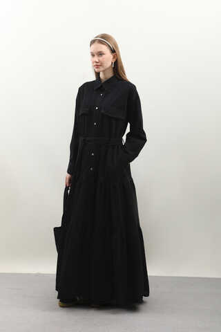 Yarım Düğmeli Kot Elbise Siyah - 5