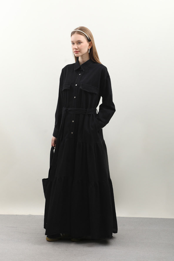 Yarım Düğmeli Kot Elbise Siyah - 5