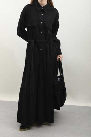 Yarım Düğmeli Kot Elbise Siyah - 6