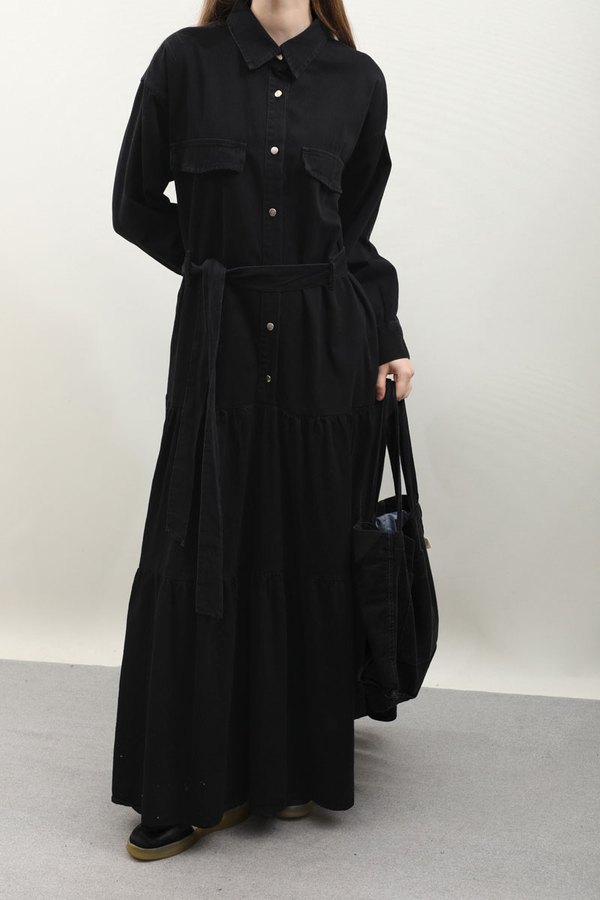 Yarım Düğmeli Kot Elbise Siyah - 6