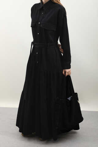 Yarım Düğmeli Kot Elbise Siyah - 7