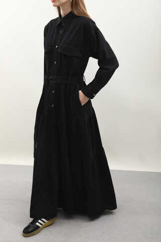 Yarım Düğmeli Kot Elbise Siyah - 8