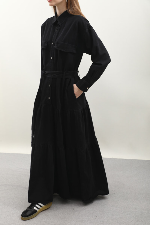 Yarım Düğmeli Kot Elbise Siyah - 8