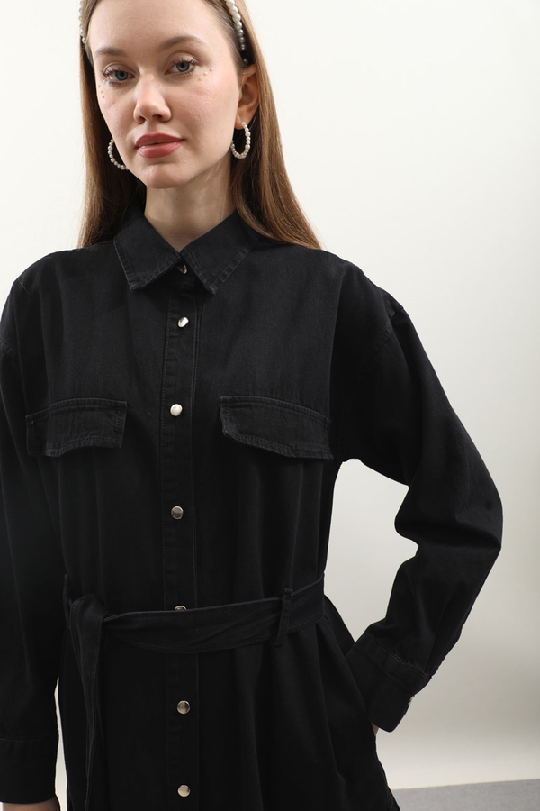 Yarım Düğmeli Kot Elbise Siyah - 9