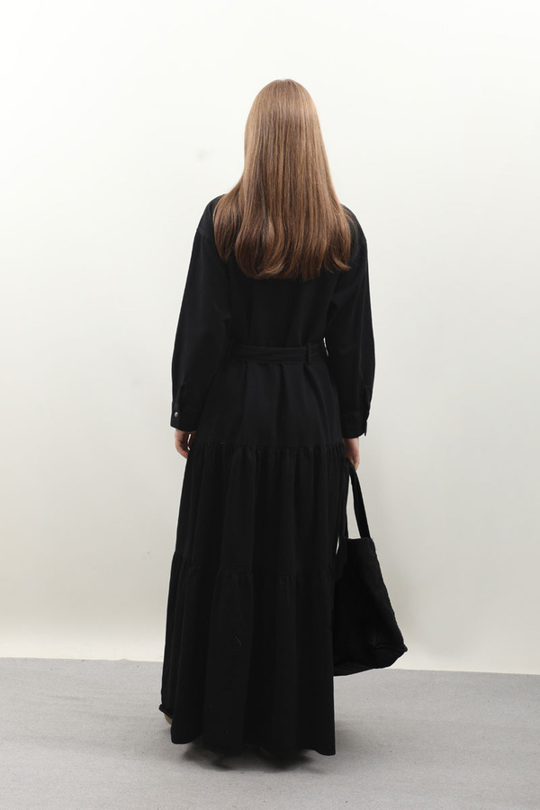 Yarım Düğmeli Kot Elbise Siyah - 10