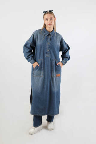 Yarım Düğmeli Kot Tunik Mavi - 1