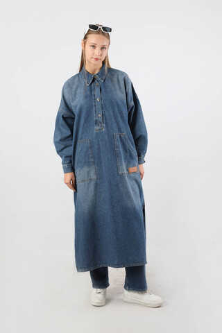 Yarım Düğmeli Kot Tunik Mavi - 3