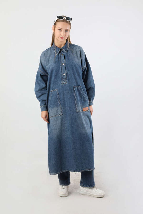 Yarım Düğmeli Kot Tunik Mavi - 3