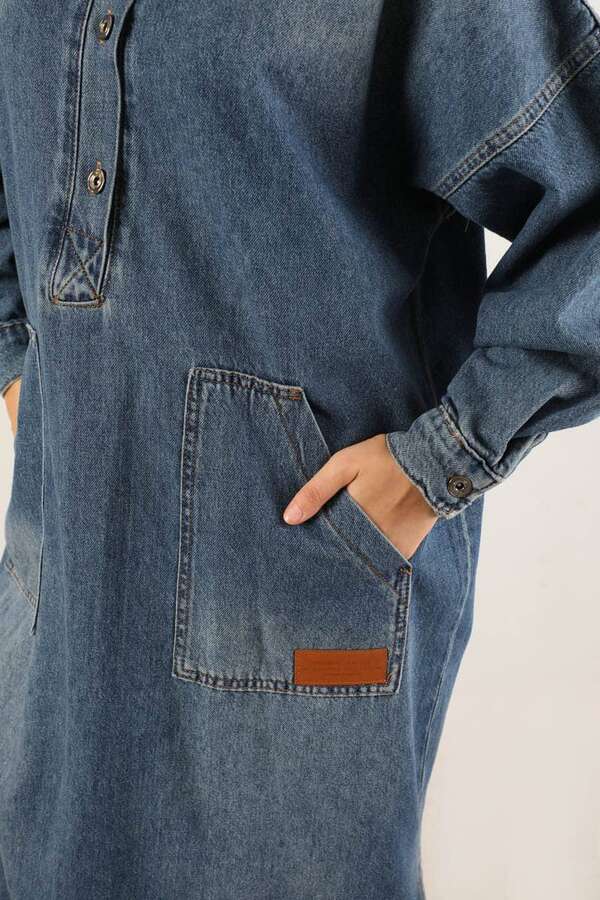 Yarım Düğmeli Kot Tunik Mavi - 4