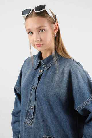 Yarım Düğmeli Kot Tunik Mavi - 5