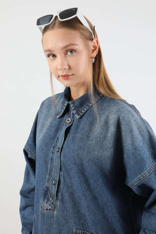 Yarım Düğmeli Kot Tunik Mavi - 5