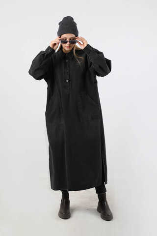 Yarım Düğmeli Kot Tunik Siyah - 1