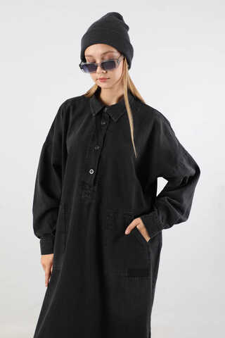 Yarım Düğmeli Kot Tunik Siyah - 2