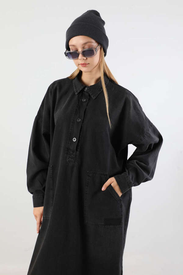 Yarım Düğmeli Kot Tunik Siyah - 2