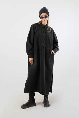 Yarım Düğmeli Kot Tunik Siyah - 3