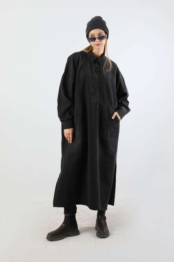 Yarım Düğmeli Kot Tunik Siyah - 3