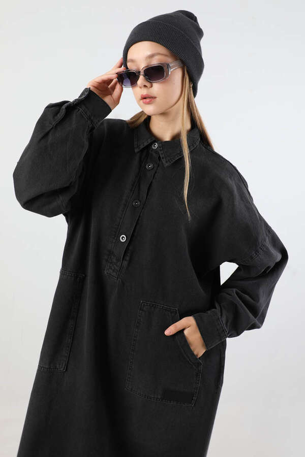 Yarım Düğmeli Kot Tunik Siyah - 5