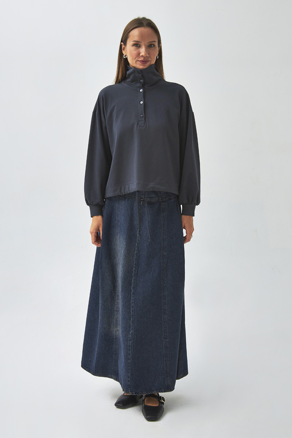 Yarım Düğmeli Sweatshirt Antrasit - 1