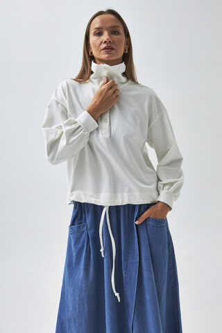 Yarım Düğmeli Sweatshirt Ekru - 3