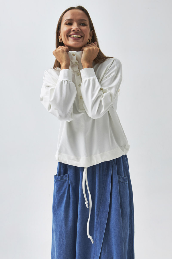 Yarım Düğmeli Sweatshirt Ekru - 5