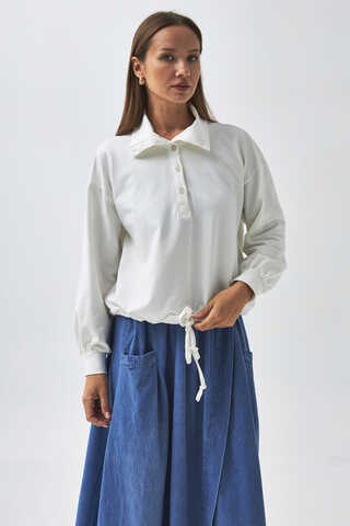 Yarım Düğmeli Sweatshirt Ekru - 9