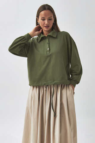 Yarım Düğmeli Sweatshirt Haki - 3