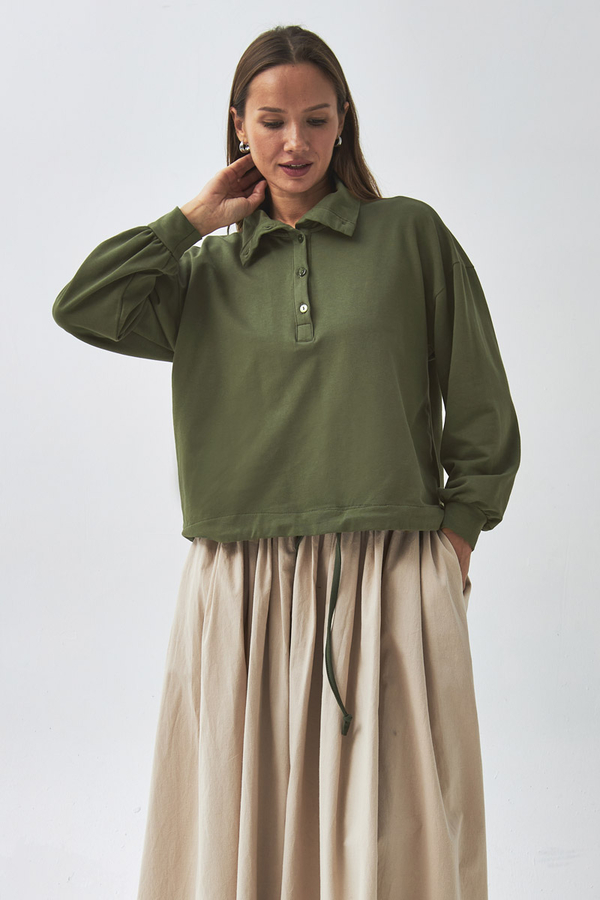 Yarım Düğmeli Sweatshirt Haki - 3