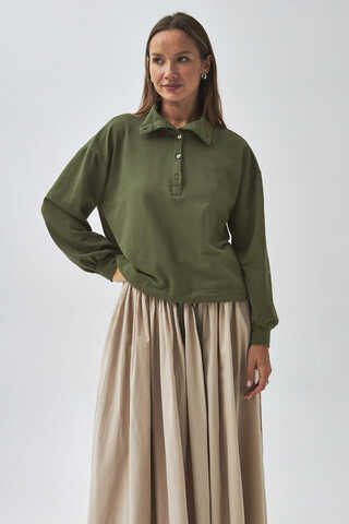 Yarım Düğmeli Sweatshirt Haki - 8