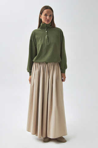 Yarım Düğmeli Sweatshirt Haki - 9