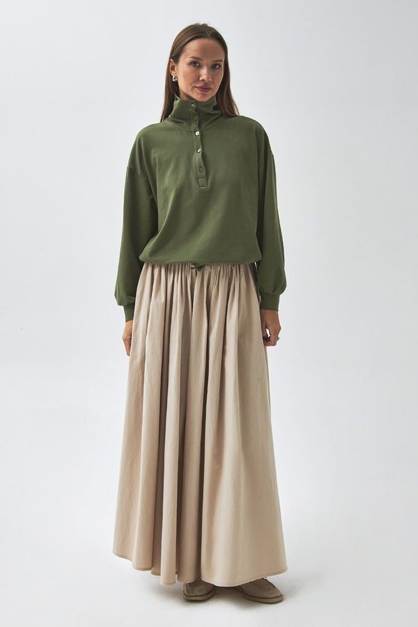 Yarım Düğmeli Sweatshirt Haki - 9