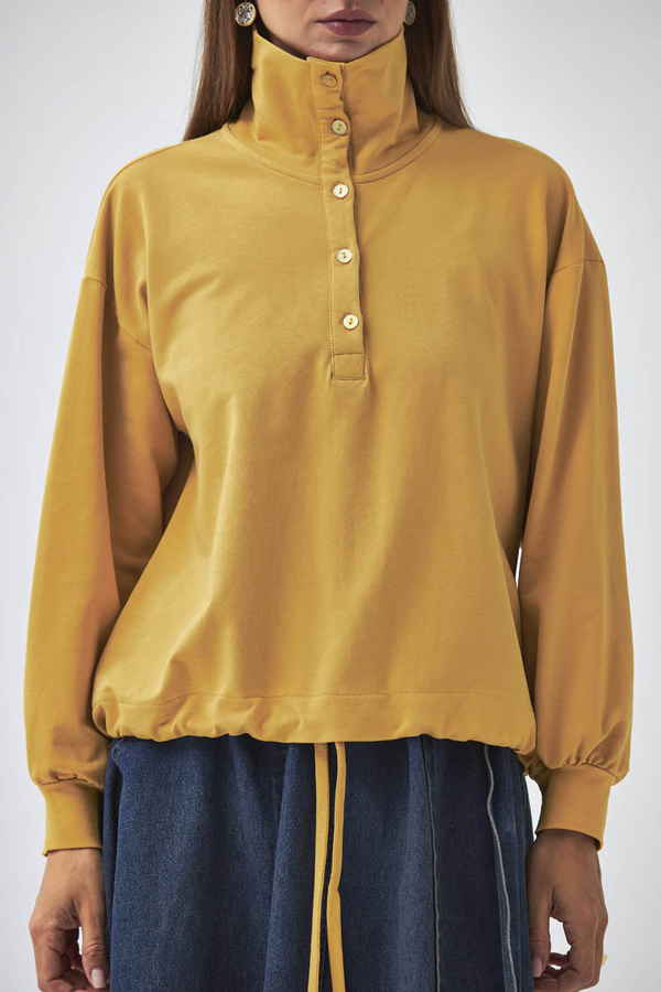 Yarım Düğmeli Sweatshirt Hardal - 2