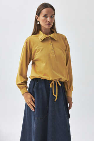 Yarım Düğmeli Sweatshirt Hardal - 8