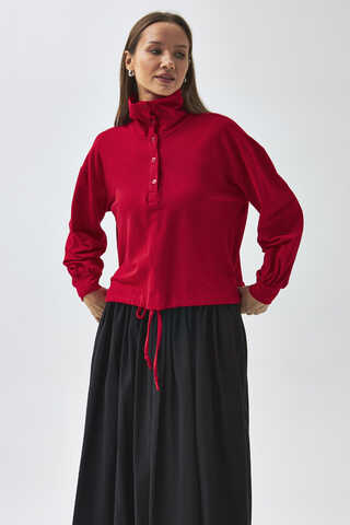 Yarım Düğmeli Sweatshirt Kırmızı - 1