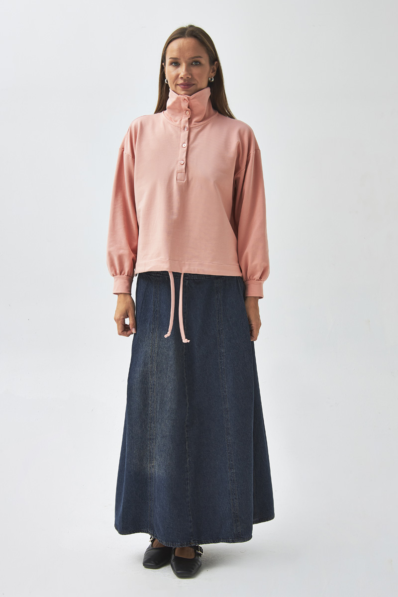 Yarım Düğmeli Sweatshirt Pudra Gül