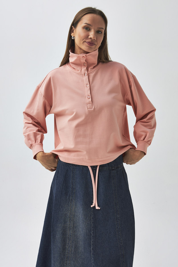 Yarım Düğmeli Sweatshirt Pudra Gül - 2