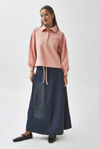 Yarım Düğmeli Sweatshirt Pudra Gül - 4