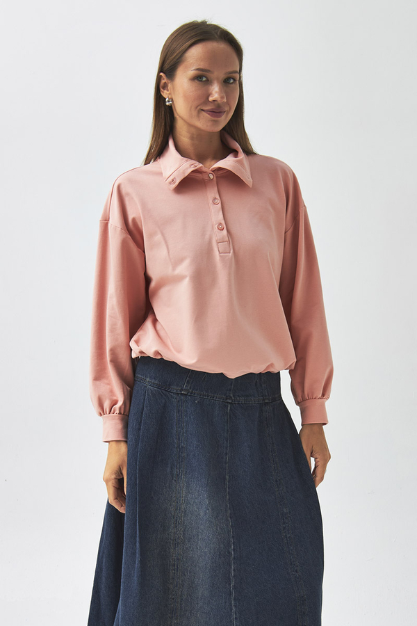 Yarım Düğmeli Sweatshirt Pudra Gül - 8