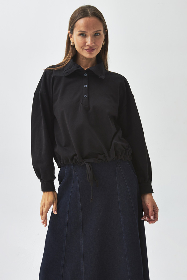 Yarım Düğmeli Sweatshirt Siyah - 7