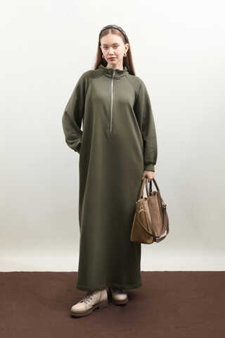 Yarım Fermuarlı Sweat Elbise Haki - 2