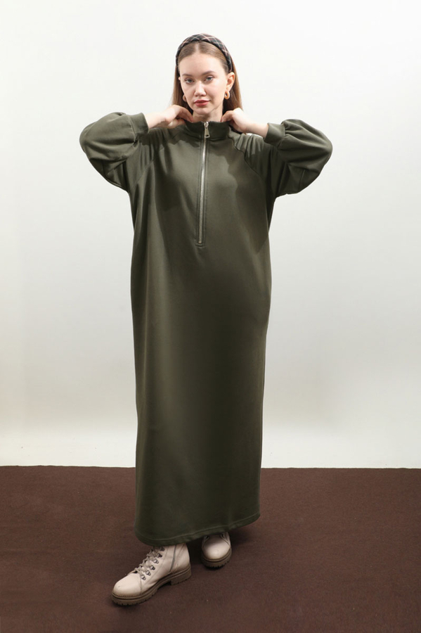 Yarım Fermuarlı Sweat Elbise Haki - 4